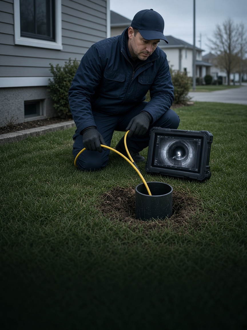 A sewer technician performing a camera inspection of a residential sewer line